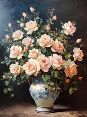 Fototapeta premium Light pink roses are elegantly displayed in a detailed vase