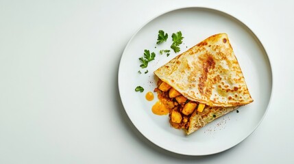 A dosa with a generous filling of spiced potatoes, neatly rolled and presented on a white plate with a side of chutney and sambar, against a white backdrop.