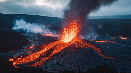 A dramatic eruption of a volcano with lava flowing down the sides and ash clouds billowing into the sky, set against a dark, moody background.