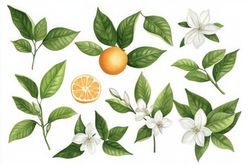 Watercolor illustration of orange fruits with green leaves and white blossoms on branches, citrus artwork