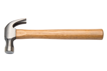 Claw hammer tool with wooden handle isolated on transparent background