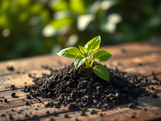 A delicate basil seedling nestled in a handful of rich soil, resting on a weathered wooden bench, surrounded by a backdrop of lush green plants