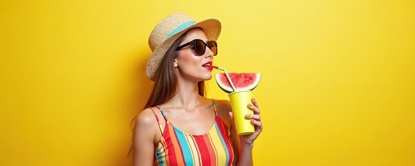 Stylish woman wearing straw hat, sunglasses drinks juice with watermelon slice. Smiling girl enjoys refreshing beverage on hot summer day. Happy female model on yellow background, ready for vacation.