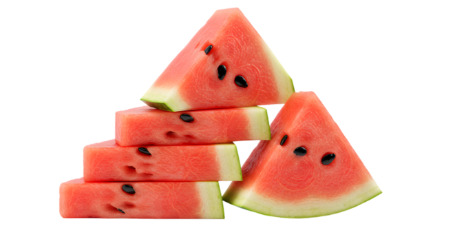 A stack of watermelon slices with seeds on a black background close up