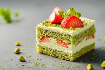 Square slice of matcha sponge cake with fresh cream, strawberries, mint, and pistachio crumbs.