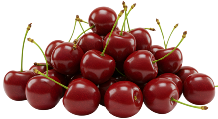 Pile of fresh red cherries with green stems on a black background