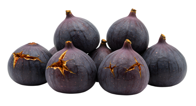 A group of ripe figs with some showing cracks on a black background