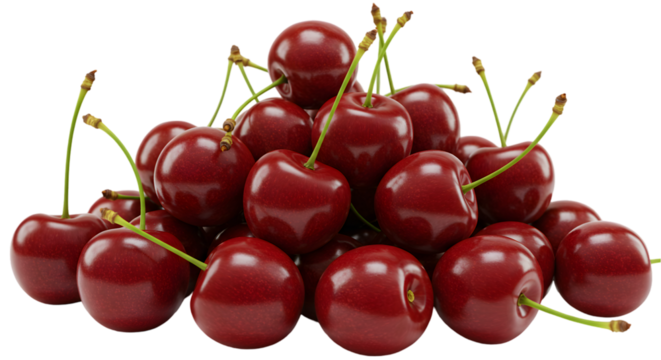 Pile of fresh red cherries with green stems on a black background