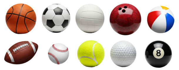 Sport activity competition balls, various set, PNG transparent cut out, bundle. Soccer, football, basketball, baseball, volleyball, tennis, golf, bowling, pool, snooker, sports competitions