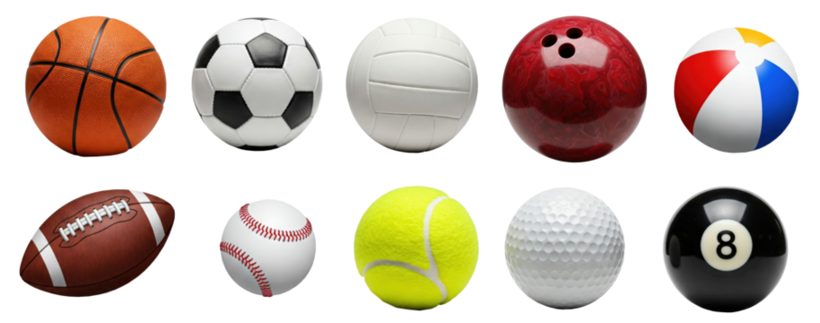Sport activity competition balls, various set, PNG transparent cut out, bundle. Soccer, football, basketball, baseball, volleyball, tennis, golf, bowling, pool, snooker, sports competitions