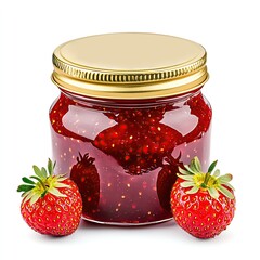 Handmade Strawberry Jam Jar, Close Up Handmade jam photography with Visible Fruit Chunks and Realistic Texture, A jar of handcrafted strawberry jam with visible fruit chunks, advertising quality
