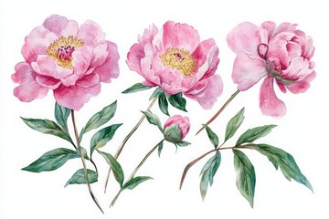Fototapeta premium Watercolor illustration of three blooming pink peony flowers with green leaves and one flower bud on white.