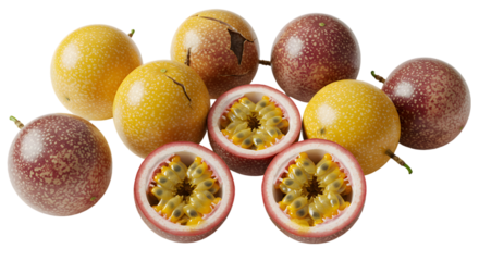 Arrangement of whole and halved passion fruits on a black background