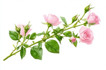 Obraz premium Watercolor illustration of a pink rose branch with blooming flowers, leaves, and rosebuds on white.