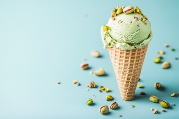 Delicious pistachio ice cream cone on light blue background with scattered whole pistachios.