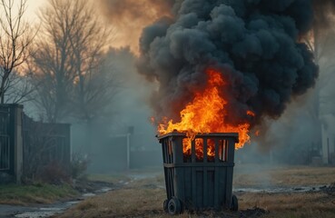 Trash bin fire produces dark smoke pollution. Flames, heat, waste, urban environment danger. Concept of environmental damage, air contamination. Arson, garbage, pollution, disaster theme.