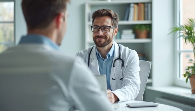 Smiling doctor consults patient online via video call. Telemedicine concept showcases modern healthcare. Consultation, appointment, health support, professional, technology, secure communication.