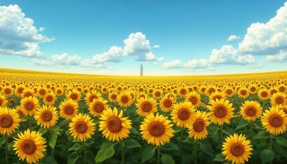 sunflower field in full bloom under a bright blue sky with white clouds