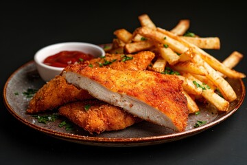 Fototapeta premium Delicious fried fish fillets served with crispy fries and tangy dipping sauce on a black background