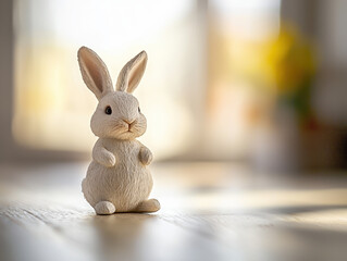 A cute white bunny rabbit figurine stands on a light wooden floor near a bright window in a sunlit room.