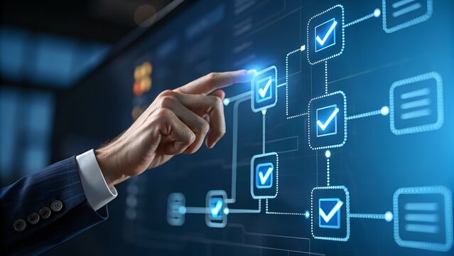 Businessman touches a digital progress checklist with check marks and an advancing loading bar, symbolizing task completion and project progress. progress bar, Management and tracking strategies