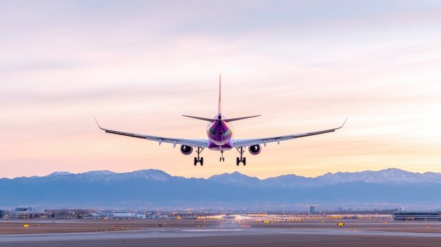 Airplane landing at sunrise over airport