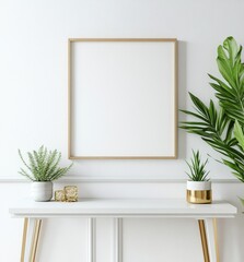 Empty frame on white console table, plants