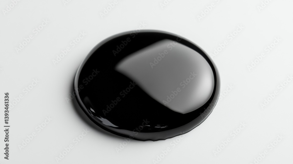 Poster glossy black droplet resting on a smooth matte white surface with striking lighting contrast