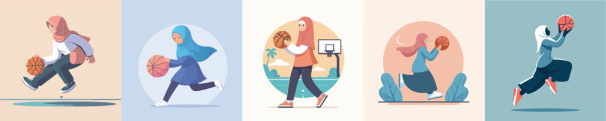 hijab woman vector playing basketball