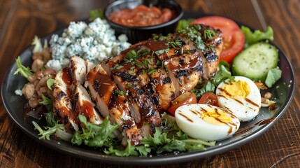 Elegant deconstructed Cobb salad grilled chicken eggs tomatoes and blue cheese plated in an artistic manner