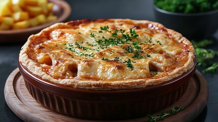 Homemade pie with golden crust and herbs in ceramic dish. Rich filling and crispy edges. Traditional British meal for British Pie Week celebration