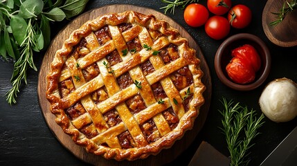 Golden savory pie with lattice crust surrounded by rosemary, tomatoes and herbs. Rustic table setting. British Pie Week concept with hearty homemade pie