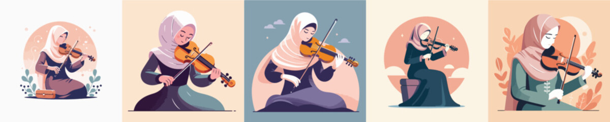 vector of a woman in hijab playing the violin