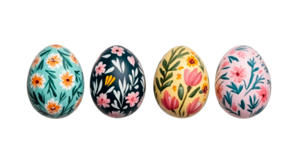 Four decorated eggs with floral patterns, cut out transparent