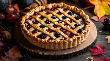 Rustic berry pie with shiny lattice crust and autumn decor. Seasonal homemade dessert with juicy filling. Cozy and festive atmosphere. Traditional treat for British Pie Week