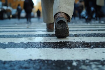 Fototapeta premium Person walking across a wet city crosswalk