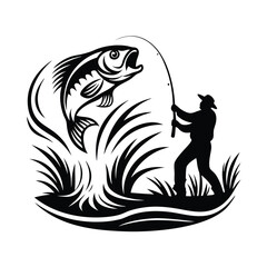 a angler catching a fish silhouette