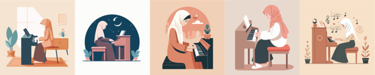 Fototapeta premium vector of a woman in hijab playing the piano