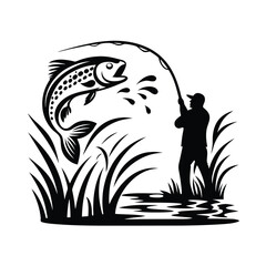 a angler catching a fish silhouette