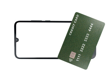 Green plastic credit card lies on a smartphone with a blank screen (close-up on a transparent background). Online credit card payment for purchases in online stores