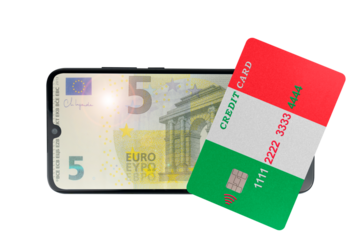 A plastic credit card in the shape of the Italy flag lies on a smartphone with an image of a 5 euro note on the screen (close-up on a transparent background)	