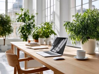 Fototapeta premium Modern workspace with plants and laptop in bright, sunny interior during a productive morning