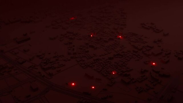 a drop of blood and a dynamic semantic transition to hot spots on the map, the concept of crime or terrible incidents in an urban environment, 3D rendering