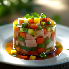 cinematic_photo, sunny_atmosphere, meat vegetable aspic, on a white plate

