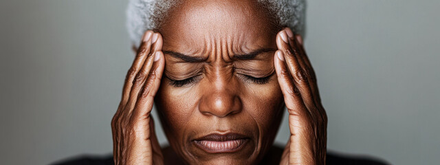 An elderly African-American woman is holding her head with an expression of pain on her face. She suffers from a severe headache or migraine associated with weather-related headaches.