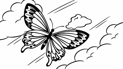 Detailed Black and White Butterfly Flying in Sky Clouds Illustration