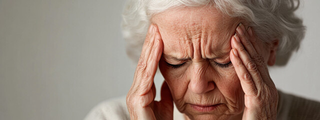 A gray-haired elderly woman with an expression of severe pain is holding her head. She suffers from migraines or headaches caused by weather dependence and internal tension.