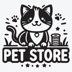 Pet store vector emblem concept with cute cartoon cat character illustration