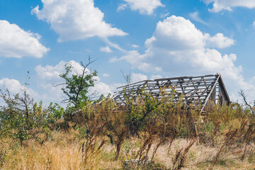 Countryside. A house destroyed by shelling. War in Ukraine