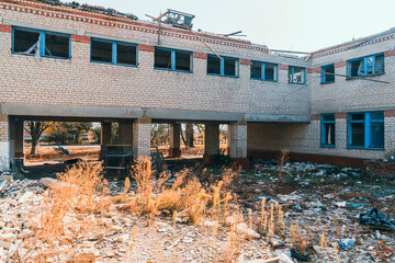 Countryside. A house destroyed by shelling. War in Ukraine